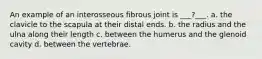 An example of an interosseous fibrous joint is ___?___. a. the clavicle to the scapula at their distal ends. b. the radius and the ulna along their length c. between the humerus and the glenoid cavity d. between the vertebrae.