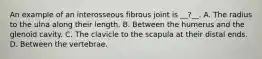 An example of an interosseous fibrous joint is __?__. A. The radius to the ulna along their length. B. Between the humerus and the glenoid cavity. C. The clavicle to the scapula at their distal ends. D. Between the vertebrae.