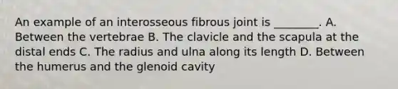 An example of an interosseous fibrous joint is ________. A. Between the vertebrae B. The clavicle and the scapula at the distal ends C. The radius and ulna along its length D. Between the humerus and the glenoid cavity