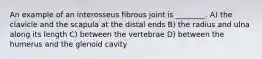 An example of an interosseus fibrous joint is ________. A) the clavicle and the scapula at the distal ends B) the radius and ulna along its length C) between the vertebrae D) between the humerus and the glenoid cavity