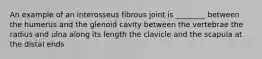 An example of an interosseus fibrous joint is ________ between the humerus and the glenoid cavity between the vertebrae the radius and ulna along its length the clavicle and the scapula at the distal ends