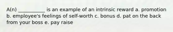 A(n) ___________ is an example of an intrinsic reward a. promotion b. employee's feelings of self-worth c. bonus d. pat on the back from your boss e. pay raise