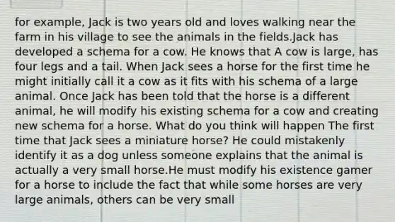 for example, Jack is two years old and loves walking near the farm in his village to see the animals in the fields.Jack has developed a schema for a cow. He knows that A cow is large, has four legs and a tail. When Jack sees a horse for the first time he might initially call it a cow as it fits with his schema of a large animal. Once Jack has been told that the horse is a different animal, he will modify his existing schema for a cow and creating new schema for a horse. What do you think will happen The first time that Jack sees a miniature horse? He could mistakenly identify it as a dog unless someone explains that the animal is actually a very small horse.He must modify his existence gamer for a horse to include the fact that while some horses are very large animals, others can be very small