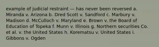 example of judicial restraint — has never been reversed a. Miranda v. Arizona b. Dred Scott v. Sandford c. Marbury v. Madison d. McCulloch v. Maryland e. Brown v. the Board of Education of Topeka f. Munn v. Illinois g. Northern securities Co. et al. v. the United States h. Korematsu v. United States i. Gibbons v. Ogden