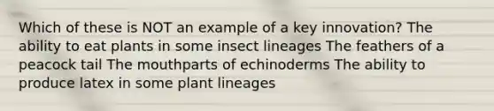 Which of these is NOT an example of a key innovation? The ability to eat plants in some insect lineages The feathers of a peacock tail The mouthparts of echinoderms The ability to produce latex in some plant lineages