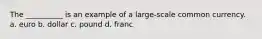 The __________ is an example of a large-scale common currency. a. euro b. dollar c. pound d. franc