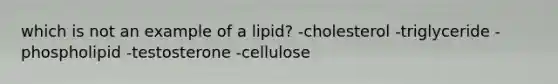 which is not an example of a lipid? -cholesterol -triglyceride -phospholipid -testosterone -cellulose