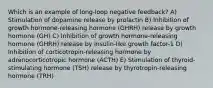 Which is an example of long-loop negative feedback? A) Stimulation of dopamine release by prolactin B) Inhibition of growth hormone-releasing hormone (GHRH) release by growth hormone (GH) C) Inhibition of growth hormone-releasing hormone (GHRH) release by insulin-like growth factor-1 D) Inhibition of corticotropin-releasing hormone by adrenocorticotropic hormone (ACTH) E) Stimulation of thyroid-stimulating hormone (TSH) release by thyrotropin-releasing hormone (TRH)