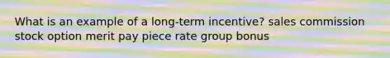 What is an example of a long-term incentive? sales commission stock option merit pay piece rate group bonus