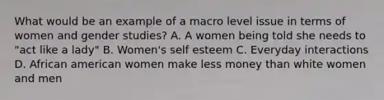 What would be an example of a macro level issue in terms of women and gender studies? A. A women being told she needs to "act like a lady" B. Women's self esteem C. Everyday interactions D. African american women make less money than white women and men