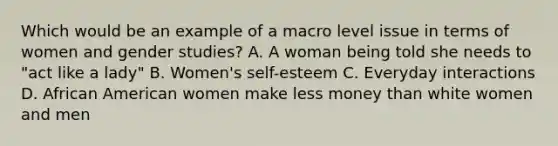 Which would be an example of a macro level issue in terms of women and gender studies? A. A woman being told she needs to "act like a lady" B. Women's self-esteem C. Everyday interactions D. African American women make less money than white women and men