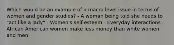 Which would be an example of a macro level issue in terms of women and gender studies? - A woman being told she needs to "act like a lady" - Women's self-esteem - Everyday interactions - African American women make less money than white women and men