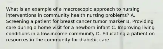 What is an example of a macroscopic approach to nursing interventions in community health nursing problems? A. Screening a patient for breast cancer tumor marker B. Providing care during a home visit for a newborn infant C. Improving living conditions in a low-income community D. Educating a patient on resources in the community for diabetic care