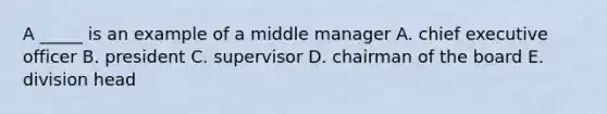 A _____ is an example of a middle manager A. chief executive officer B. president C. supervisor D. chairman of the board E. division head