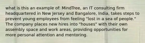 what is this an example of: MindTree, an IT consulting firm headquartered in New Jersey and Bangalore, India, takes steps to prevent young employees from feeling "lost in a sea of people." The company places new hires into "houses" with their own assembly space and work areas, providing opportunities for more personal attention and mentoring.