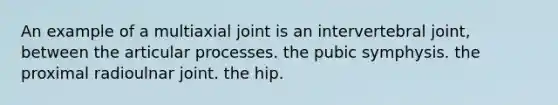 An example of a multiaxial joint is an intervertebral joint, between the articular processes. the pubic symphysis. the proximal radioulnar joint. the hip.