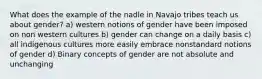 What does the example of the nadle in Navajo tribes teach us about gender? a) western notions of gender have been imposed on non western cultures b) gender can change on a daily basis c) all indigenous cultures more easily embrace nonstandard notions of gender d) Binary concepts of gender are not absolute and unchanging