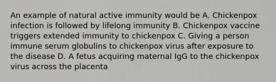 An example of natural active immunity would be A. Chickenpox infection is followed by lifelong immunity B. Chickenpox vaccine triggers extended immunity to chickenpox C. Giving a person immune serum globulins to chickenpox virus after exposure to the disease D. A fetus acquiring maternal IgG to the chickenpox virus across the placenta