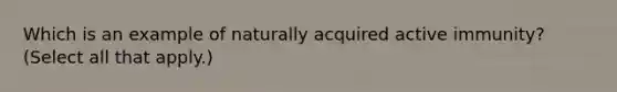 Which is an example of naturally acquired active immunity? (Select all that apply.)