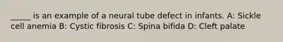 _____ is an example of a neural tube defect in infants. A: Sickle cell anemia B: Cystic fibrosis C: Spina bifida D: Cleft palate