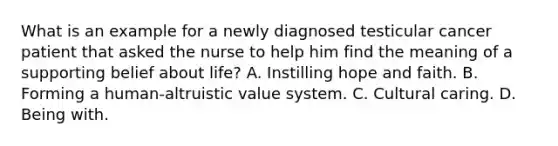 What is an example for a newly diagnosed testicular cancer patient that asked the nurse to help him find the meaning of a supporting belief about life? A. Instilling hope and faith. B. Forming a human-altruistic value system. C. Cultural caring. D. Being with.