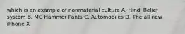 which is an example of nonmaterial culture A. Hindi Belief system B. MC Hammer Pants C. Automobiles D. The all new iPhone X