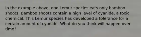 In the example above, one Lemur species eats only bamboo shoots. Bamboo shoots contain a high level of cyanide, a toxic chemical. This Lemur species has developed a tolerance for a certain amount of cyanide. What do you think will happen over time?