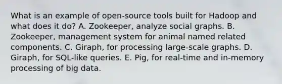 What is an example of open-source tools built for Hadoop and what does it do? A. Zookeeper, analyze social graphs. B. Zookeeper, management system for animal named related components. C. Giraph, for processing large-scale graphs. D. Giraph, for SQL-like queries. E. Pig, for real-time and in-memory processing of big data.