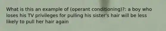 What is this an example of (<a href='https://www.questionai.com/knowledge/kcaiZj2J12-operant-conditioning' class='anchor-knowledge'>operant conditioning</a>)?: a boy who loses his TV privileges for pulling his sister's hair will be less likely to pull her hair again