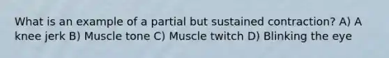 What is an example of a partial but sustained contraction? A) A knee jerk B) Muscle tone C) Muscle twitch D) Blinking the eye