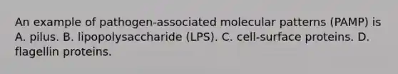 An example of pathogen-associated molecular patterns (PAMP) is A. pilus. B. lipopolysaccharide (LPS). C. cell-surface proteins. D. flagellin proteins.