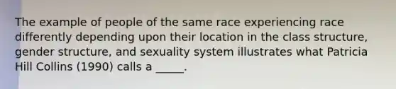 The example of people of the same race experiencing race differently depending upon their location in the class structure, gender structure, and sexuality system illustrates what Patricia Hill Collins (1990) calls a _____.