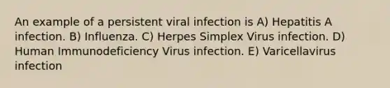 An example of a persistent viral infection is A) Hepatitis A infection. B) Influenza. C) Herpes Simplex Virus infection. D) Human Immunodeficiency Virus infection. E) Varicellavirus infection