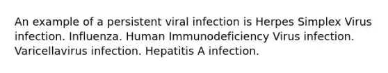 An example of a persistent viral infection is Herpes Simplex Virus infection. Influenza. Human Immunodeficiency Virus infection. Varicellavirus infection. Hepatitis A infection.