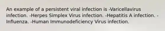 An example of a persistent viral infection is -Varicellavirus infection. -Herpes Simplex Virus infection. -Hepatitis A infection. -Influenza. -Human Immunodeficiency Virus infection.