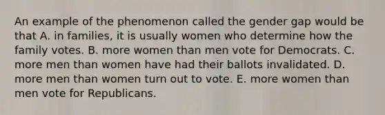 An example of the phenomenon called the gender gap would be that A. in families, it is usually women who determine how the family votes. B. more women than men vote for Democrats. C. more men than women have had their ballots invalidated. D. more men than women turn out to vote. E. more women than men vote for Republicans.