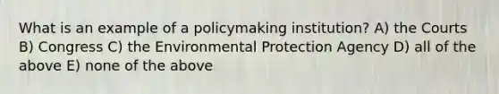 What is an example of a policymaking institution? A) the Courts B) Congress C) the Environmental Protection Agency D) all of the above E) none of the above