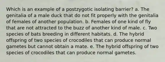 Which is an example of a postzygotic isolating barrier? a. The genitalia of a male duck that do not fit properly with the genitalia of females of another population. b. Females of one kind of fly that are not attracted to the buzz of another kind of male. c. Two species of bats breeding in different habitats. d. The hybrid offspring of two species of crocodiles that can produce normal gametes but cannot obtain a mate. e. The hybrid offspring of two species of crocodiles that can produce normal gametes.