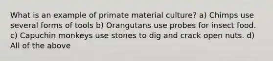 What is an example of primate material culture? a) Chimps use several forms of tools b) Orangutans use probes for insect food. c) Capuchin monkeys use stones to dig and crack open nuts. d) All of the above