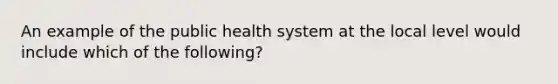 An example of the public health system at the local level would include which of the following?