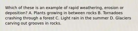 Which of these is an example of rapid weathering, erosion or deposition? A. Plants growing in between rocks B. Tornadoes crashing through a forest C. Light rain in the summer D. Glaciers carving out grooves in rocks.