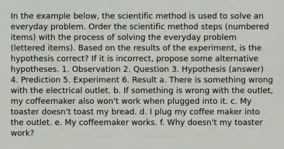 In the example below, <a href='https://www.questionai.com/knowledge/koXrTCHtT5-the-scientific-method' class='anchor-knowledge'>the scientific method</a> is used to solve an everyday problem. Order the scientific method steps (numbered items) with the process of solving the everyday problem (lettered items). Based on the results of the experiment, is the hypothesis correct? If it is incorrect, propose some alternative hypotheses. 1. Observation 2. Question 3. Hypothesis (answer) 4. Prediction 5. Experiment 6. Result a. There is something wrong with the electrical outlet. b. If something is wrong with the outlet, my coffeemaker also won't work when plugged into it. c. My toaster doesn't toast my bread. d. I plug my coffee maker into the outlet. e. My coffeemaker works. f. Why doesn't my toaster work?