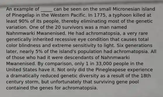 An example of _____ can be seen on the small Micronesian island of Pinegelap in the Western Pacific. In 1775, a typhoon killed at least 90% of its people, thereby eliminating most of the genetic variation. One of the 20 survivors was a man named Nahnmwarki Mwanenised. He had achromatopsia, a very rare genetically inherited recessive eye condition that causes total color blindness and extreme sensitivity to light. Six generations later, nearly 5% of the island's population had achromatopsia. All of those who had it were descendants of Nahnmwarki Mwanenised. By comparison, only 1 in 33,000 people in the United States have it. Not only did the Pinegleapese experience a dramatically reduced genetic diversity as a result of the 18th century storm, but unfortunately that surviving gene pool contained the genes for achromatopsia.