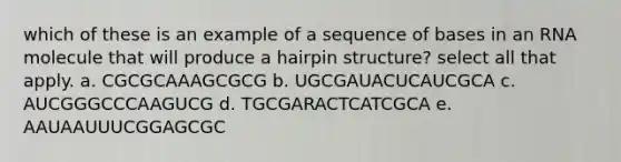 which of these is an example of a sequence of bases in an RNA molecule that will produce a hairpin structure? select all that apply. a. CGCGCAAAGCGCG b. UGCGAUACUCAUCGCA c. AUCGGGCCCAAGUCG d. TGCGARACTCATCGCA e. AAUAAUUUCGGAGCGC