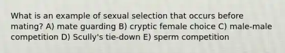 What is an example of sexual selection that occurs before mating? A) mate guarding B) cryptic female choice C) male-male competition D) Scully's tie-down E) sperm competition