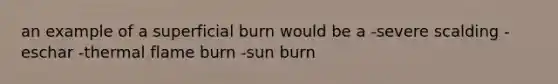 an example of a superficial burn would be a -severe scalding -eschar -thermal flame burn -sun burn