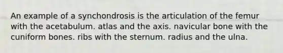 An example of a synchondrosis is the articulation of the femur with the acetabulum. atlas and the axis. navicular bone with the cuniform bones. ribs with the sternum. radius and the ulna.