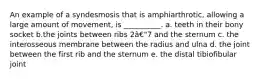 An example of a syndesmosis that is amphiarthrotic, allowing a large amount of movement, is __________. a. teeth in their bony socket b.the joints between ribs 2â€"7 and the sternum c. the interosseous membrane between the radius and ulna d. the joint between the first rib and the sternum e. the distal tibiofibular joint