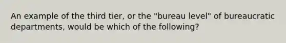 An example of the third tier, or the "bureau level" of bureaucratic departments, would be which of the following?