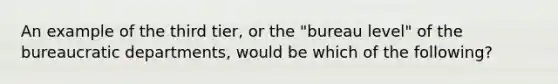 An example of the third tier, or the "bureau level" of the bureaucratic departments, would be which of the following?